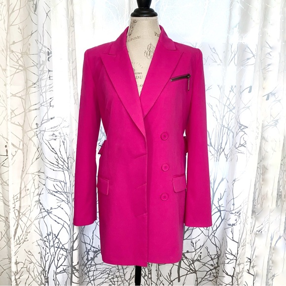 DUNDAS x revolve Joni pink v-neck collar waist belt button up blazer jacket coat - Picture 5 of 15